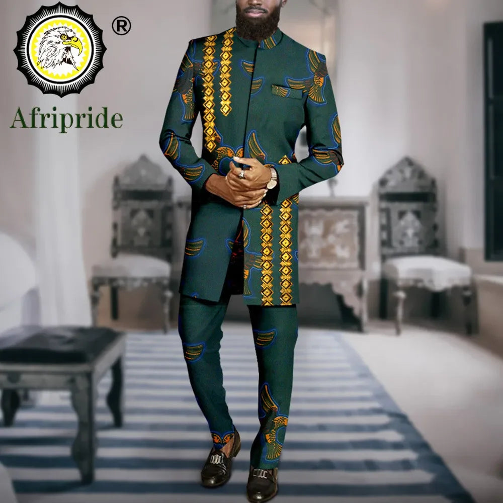 African Suits for Men Slim Fit Embroidery Print Blazer and Ankara Pants 2 Piece Set Formal Dress Suit Dashiki Outfits A2316069