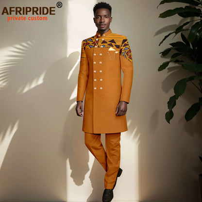 African Suits for Men Double Breasted Embroidery Print Blazer and Pants Set Formal Outfits with Brooch Wedding Wear 2416073