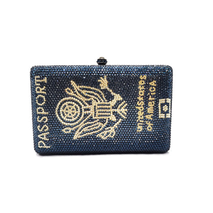 Navy Blue Passport Customized Crystal Bags Luxury Diamond Letters Ladies Clutch Bags