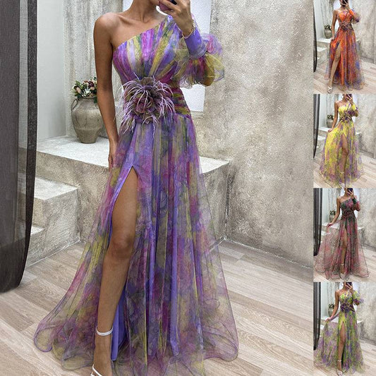 Mesh Tie-dye Printed Off-shoulder Slit Dress Summer INS Fashion Long Dress