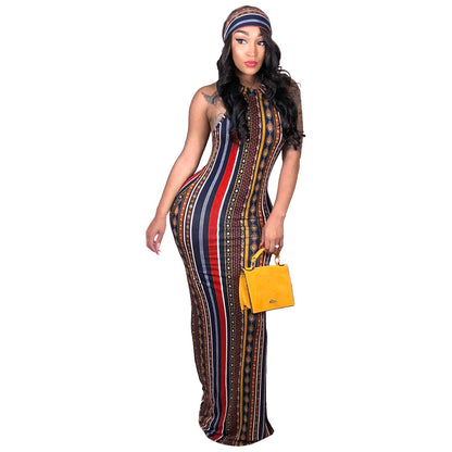 Bohemian Printed Stripe Dress And Headscarf