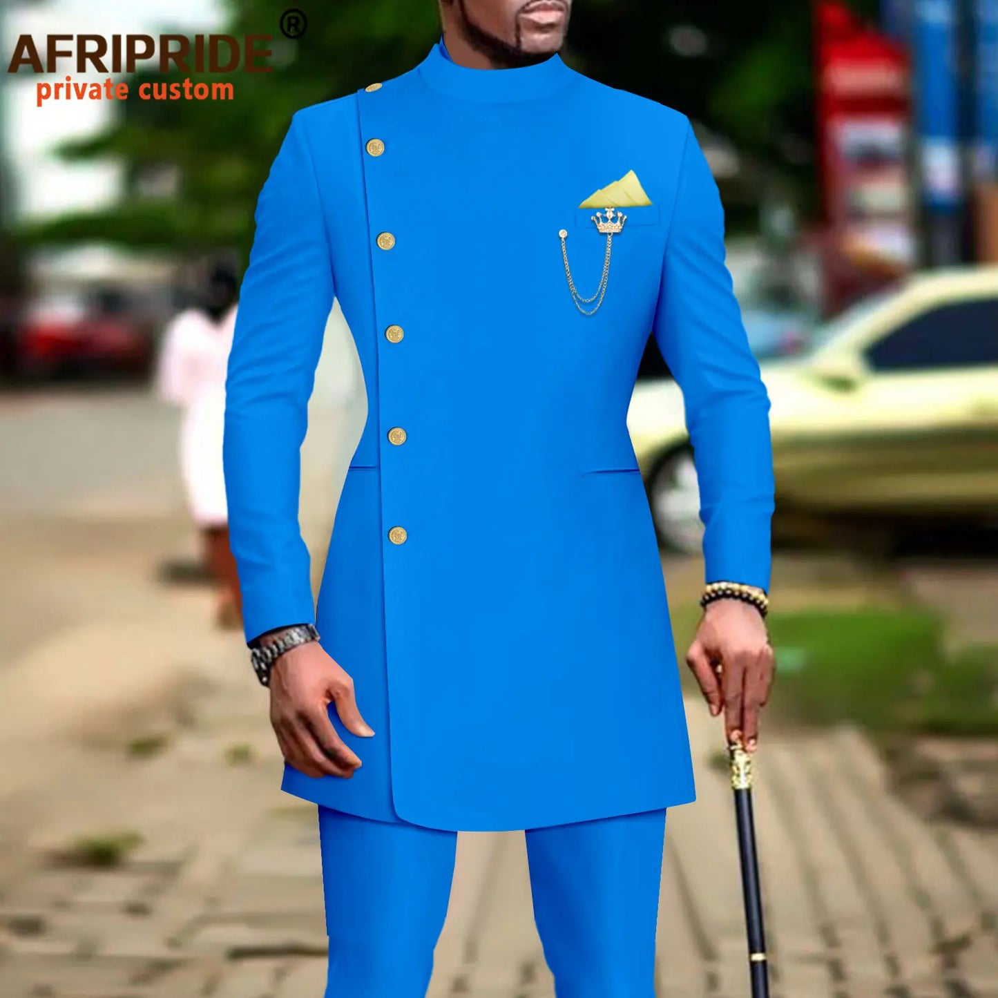 African Suits for Men Single Breasted Blazer and Pants 2 Piece Set Dashiki Outfits Ankara Attire with Chain Kerchief A2316019