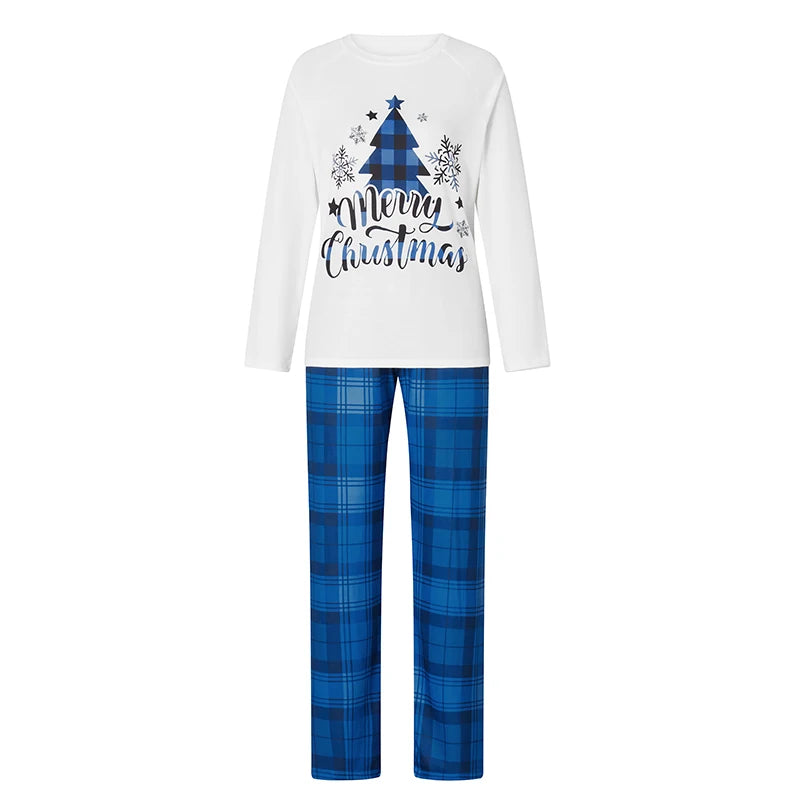 Combhasaki Family Matching Pajamas Loungewear Set Christmas Tree&Letter Print Long-Sleeved Tops+Plaid Trousers Sleepwear Outfits