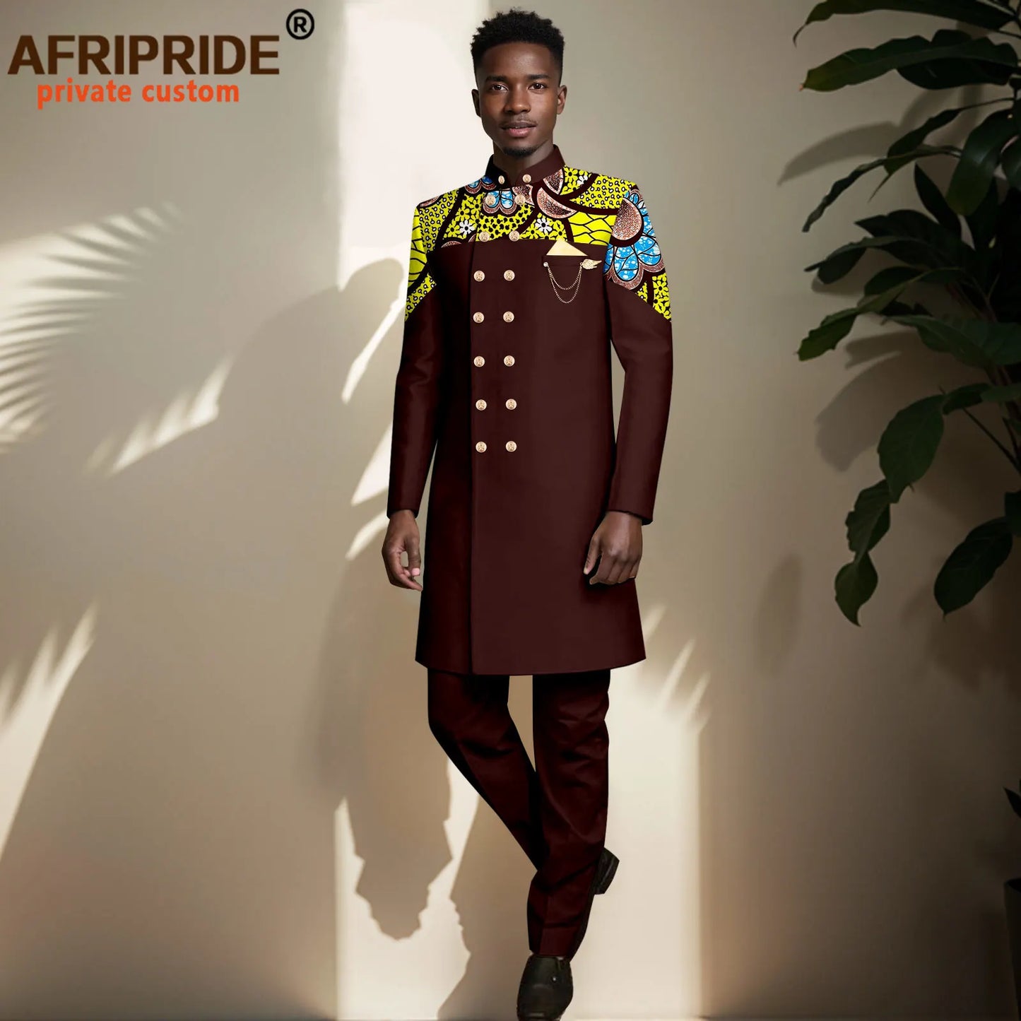 African Suits for Men Double Breasted Embroidery Print Blazer and Pants Set Formal Outfits with Brooch Wedding Wear 2416073