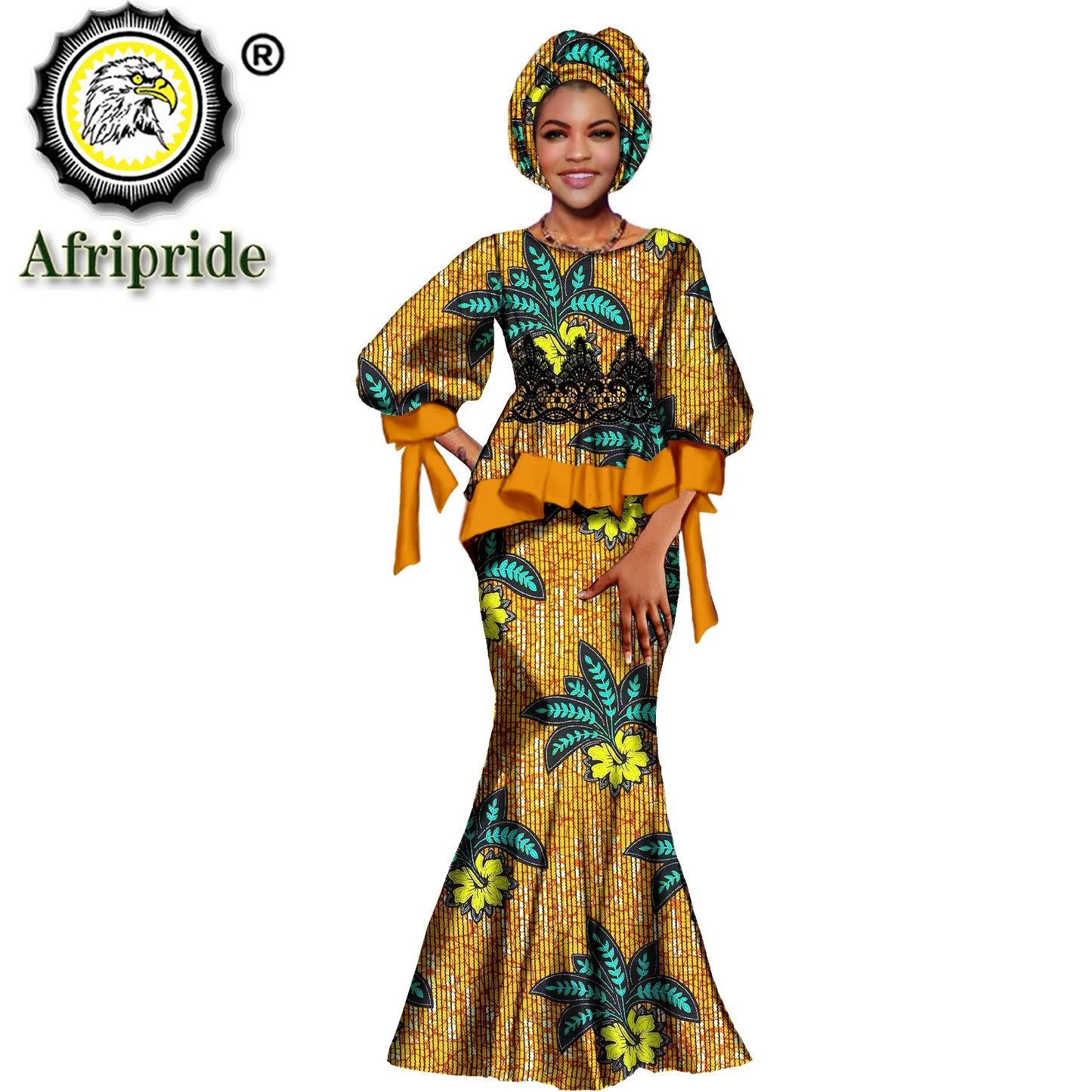 African Clothes for Women Print Lace Tops Maxi Skirts and Headscarf 3 Piece Set Dashiki Outfits for Wedding Evening S2126019