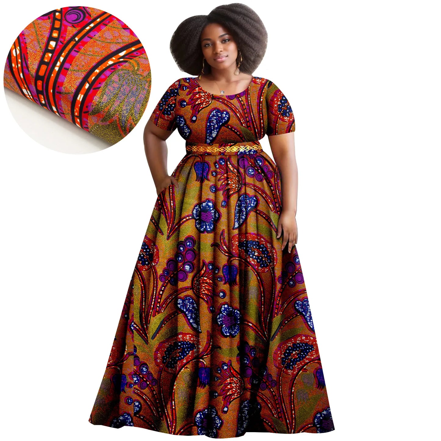 Afripride African Women's Dresses Ankara Batik Short Sleeve Gold Stamped Belt Accessory Dress 2425127