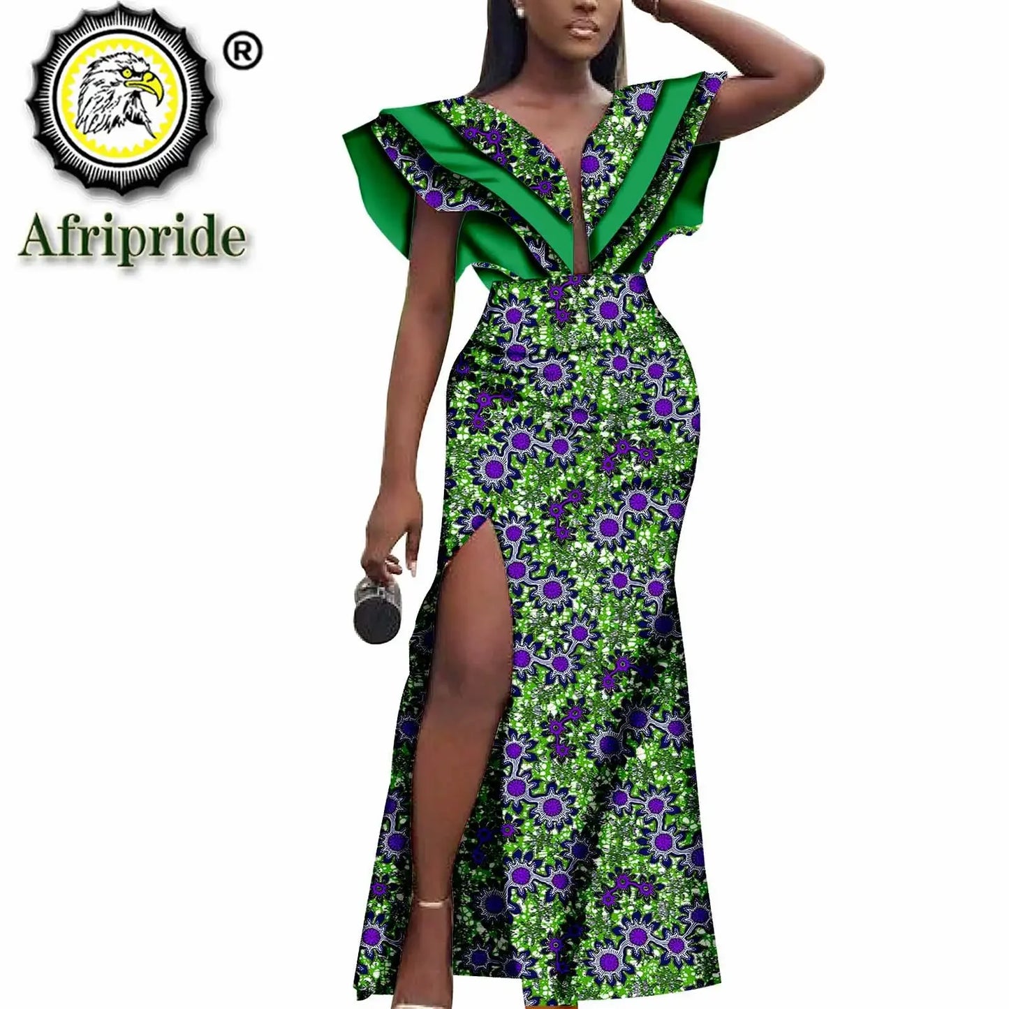 Women`s Dresses African Ankara Print Deep V Neck  Loose Empire Plus Size Dashiki Outfits Wax Batik Dress AFRIPRIDE S1925103