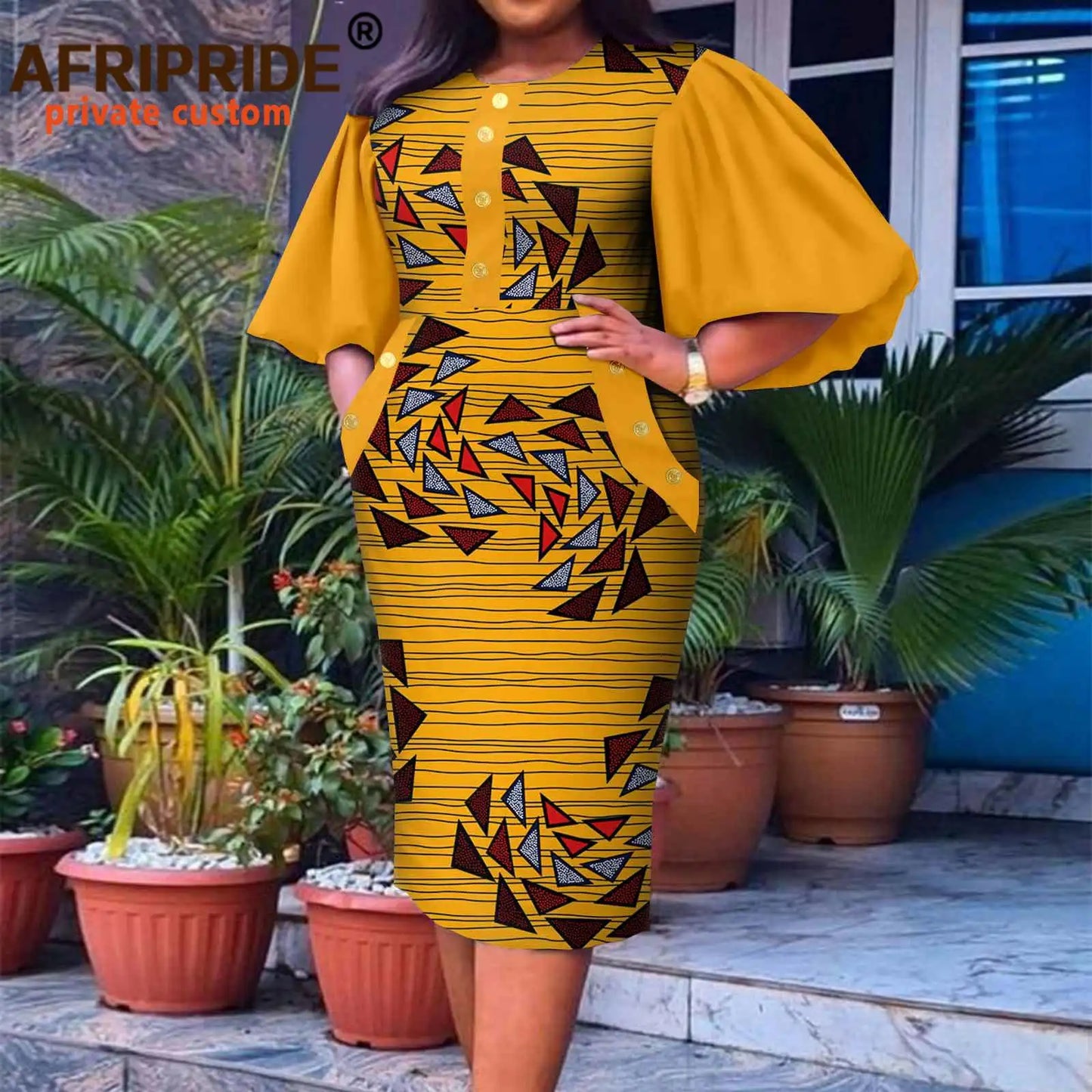 Afripride African Ankara Dresses for Women Customized Half Flare Sleeves Knee Length Casual Pencil Dress A2225032