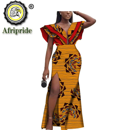 Women`s Dresses African Ankara Print Deep V Neck  Loose Empire Plus Size Dashiki Outfits Wax Batik Dress AFRIPRIDE S1925103