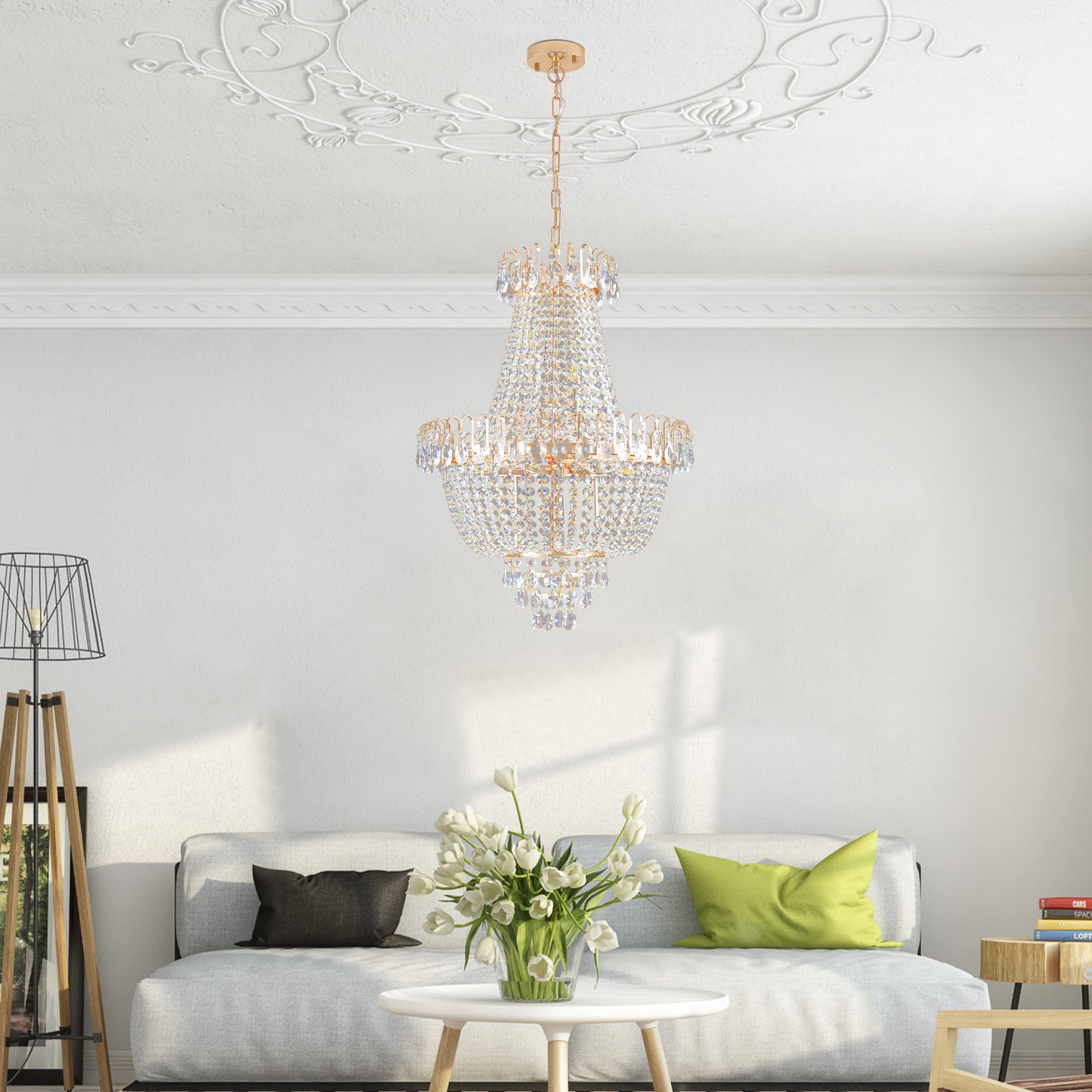 Golden crystal pendant light, large modern luxury ceiling lighting (without light bulbs)