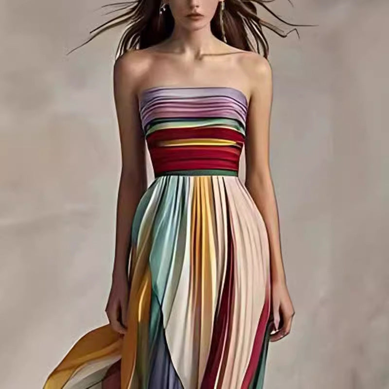 Beautiful, Eye-catching Tube Top Backless Printed Color Swing Maxi Dress