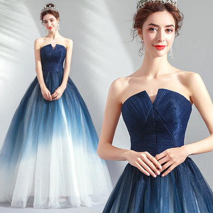 Elegant Ocean Blue Strapless Backless Ball Gown.