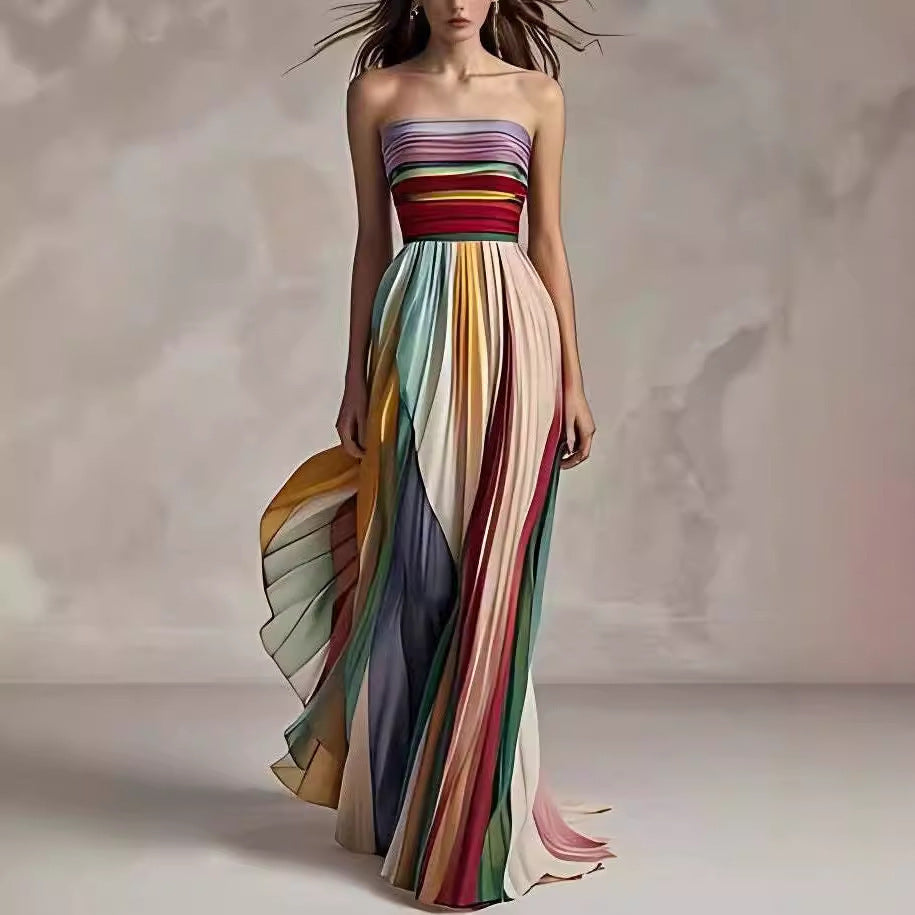 Beautiful, Eye-catching Tube Top Backless Printed Color Swing Maxi Dress