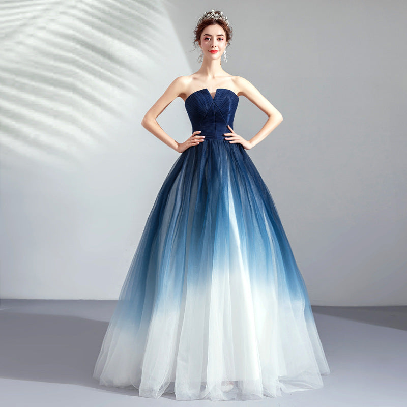 Elegant Ocean Blue Strapless Backless Ball Gown.