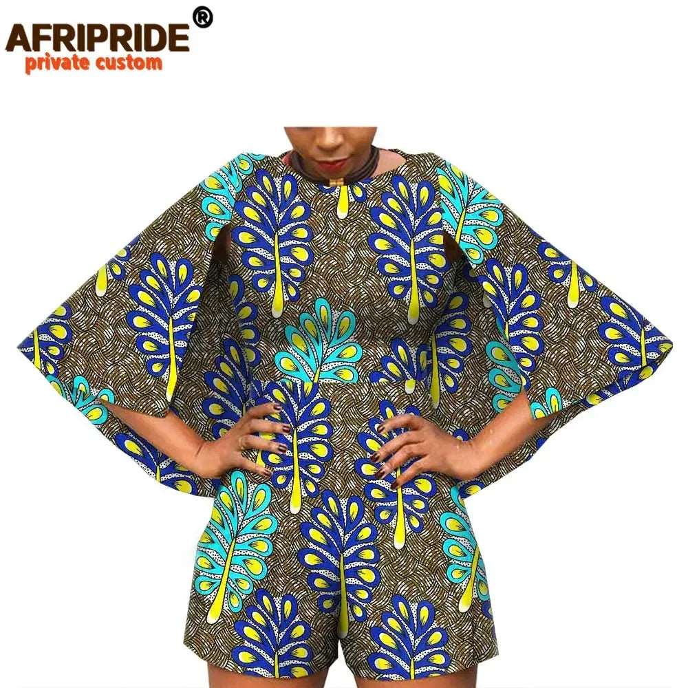 2024 African Fashion Playsuits for Women AFRIPRIDE Tailor Made Bazin Richi Cloak Sleeve Women Casual Cotton Playsuits A1929001