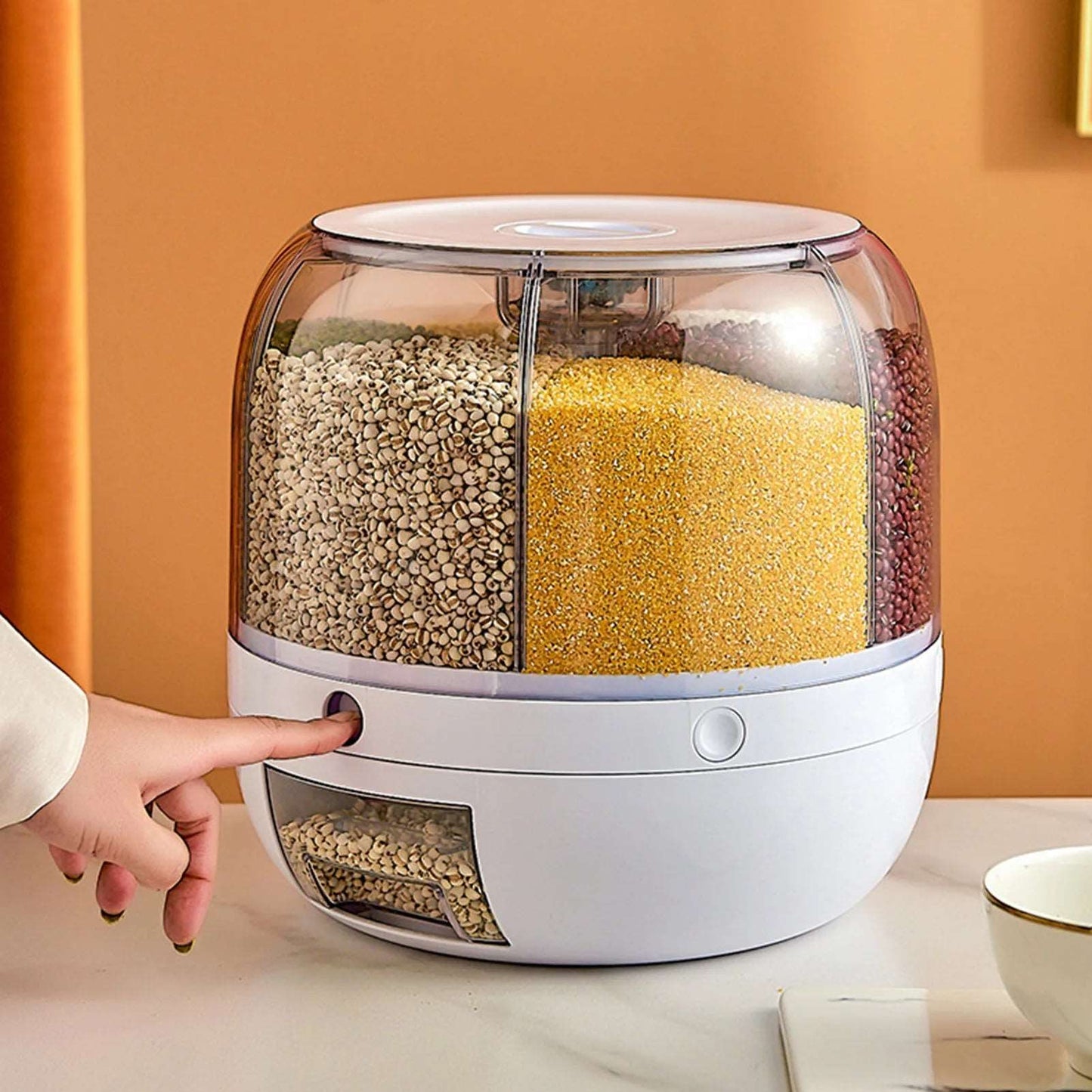 6-Grid Dry Food Container Cereal Dispenser Countertop Grain Rice Cereal Rotating Container Round Transparent Rice Bucket Visible