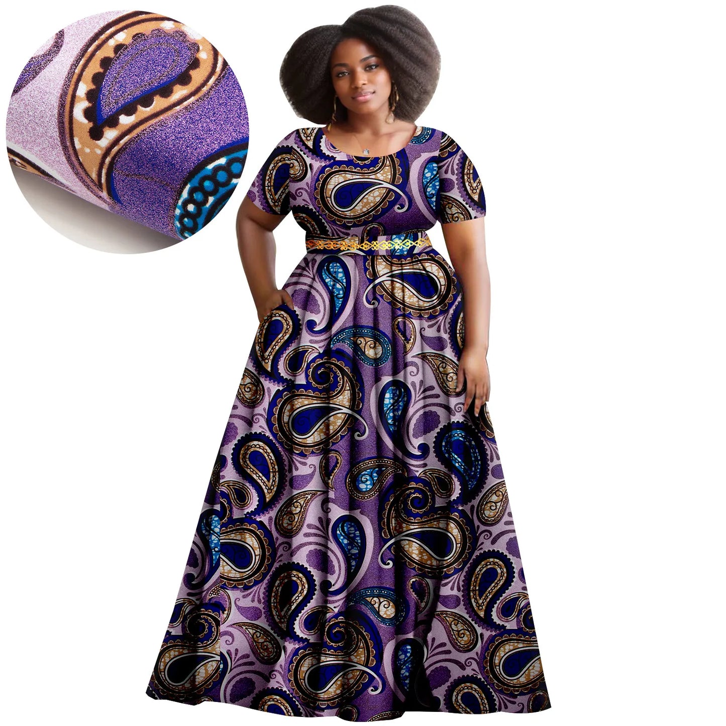 Afripride African Women's Dresses Ankara Batik Short Sleeve Gold Stamped Belt Accessory Dress 2425127