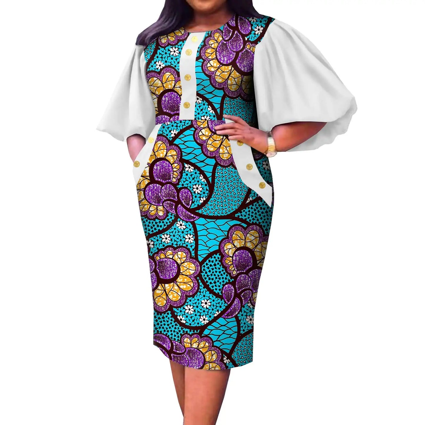 Afripride African Ankara Dresses for Women Customized Half Flare Sleeves Knee Length Casual Pencil Dress A2225032