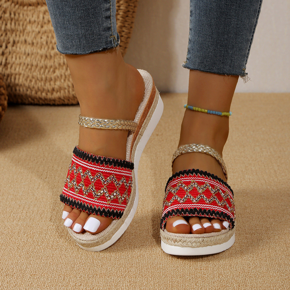 Color-blocked Wave-patterned Sandals Summer Fashion Wedges Slippers