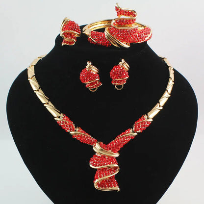 African Beads Jewelry Sets For Women Crystal Necklace Earrings Bangle Ring Gold Color Pendant Wedding Dress Accessories