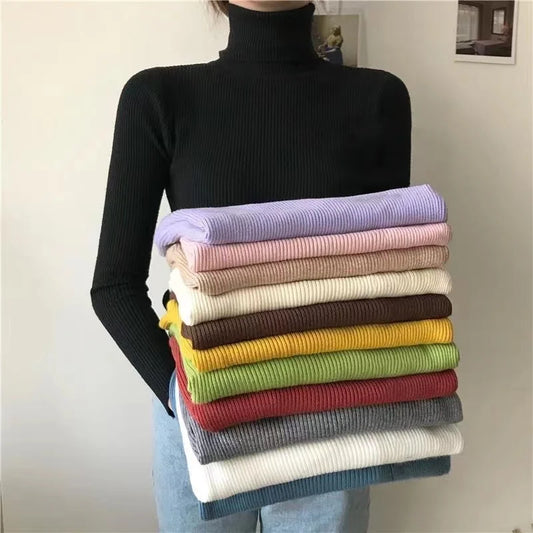 2024 Simple Women Turtleneck Sweater Winter Fashion Pullover Elastic Knit Ladies Jumper Casual Solid Black Female Basic Tops