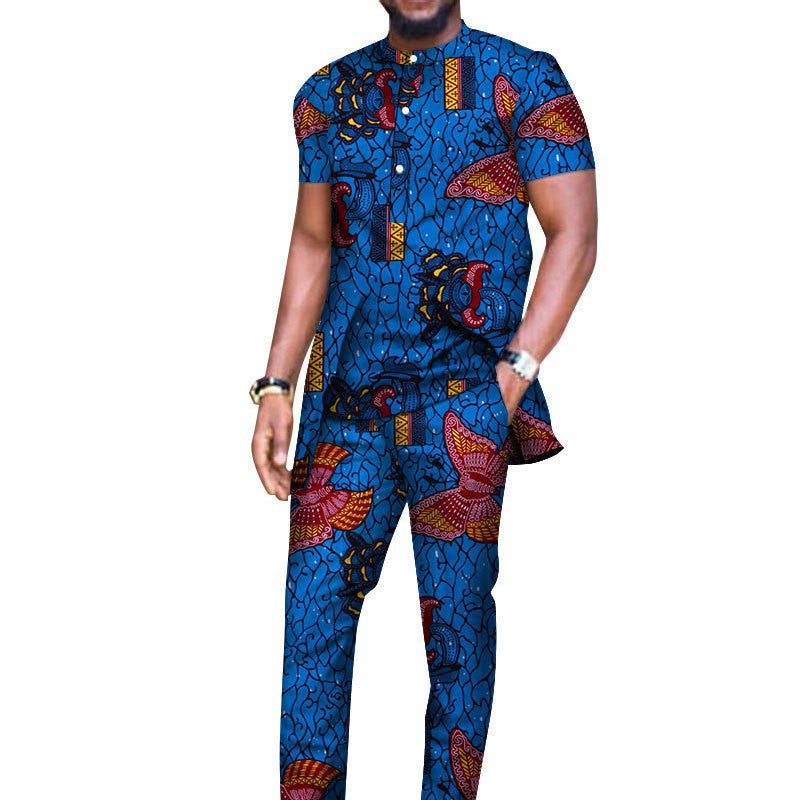 African Men's Long-sleeved T-shirt And Pants Suit Cotton