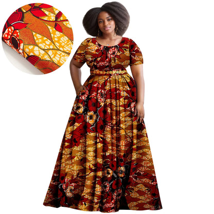 Afripride African Women's Dresses Ankara Batik Short Sleeve Gold Stamped Belt Accessory Dress 2425127