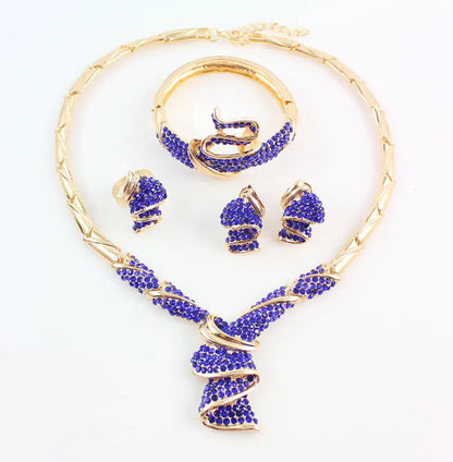 African Beads Jewelry Sets For Women Crystal Necklace Earrings Bangle Ring Gold Color Pendant Wedding Dress Accessories