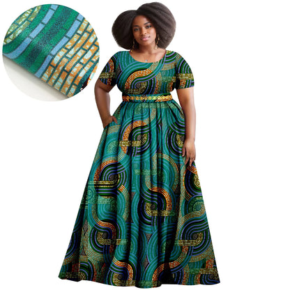 Afripride African Women's Dresses Ankara Batik Short Sleeve Gold Stamped Belt Accessory Dress 2425127