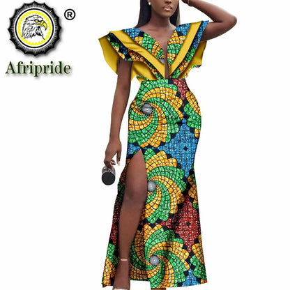 Women`s Dresses African Ankara Print Deep V Neck  Loose Empire Plus Size Dashiki Outfits Wax Batik Dress AFRIPRIDE S1925103