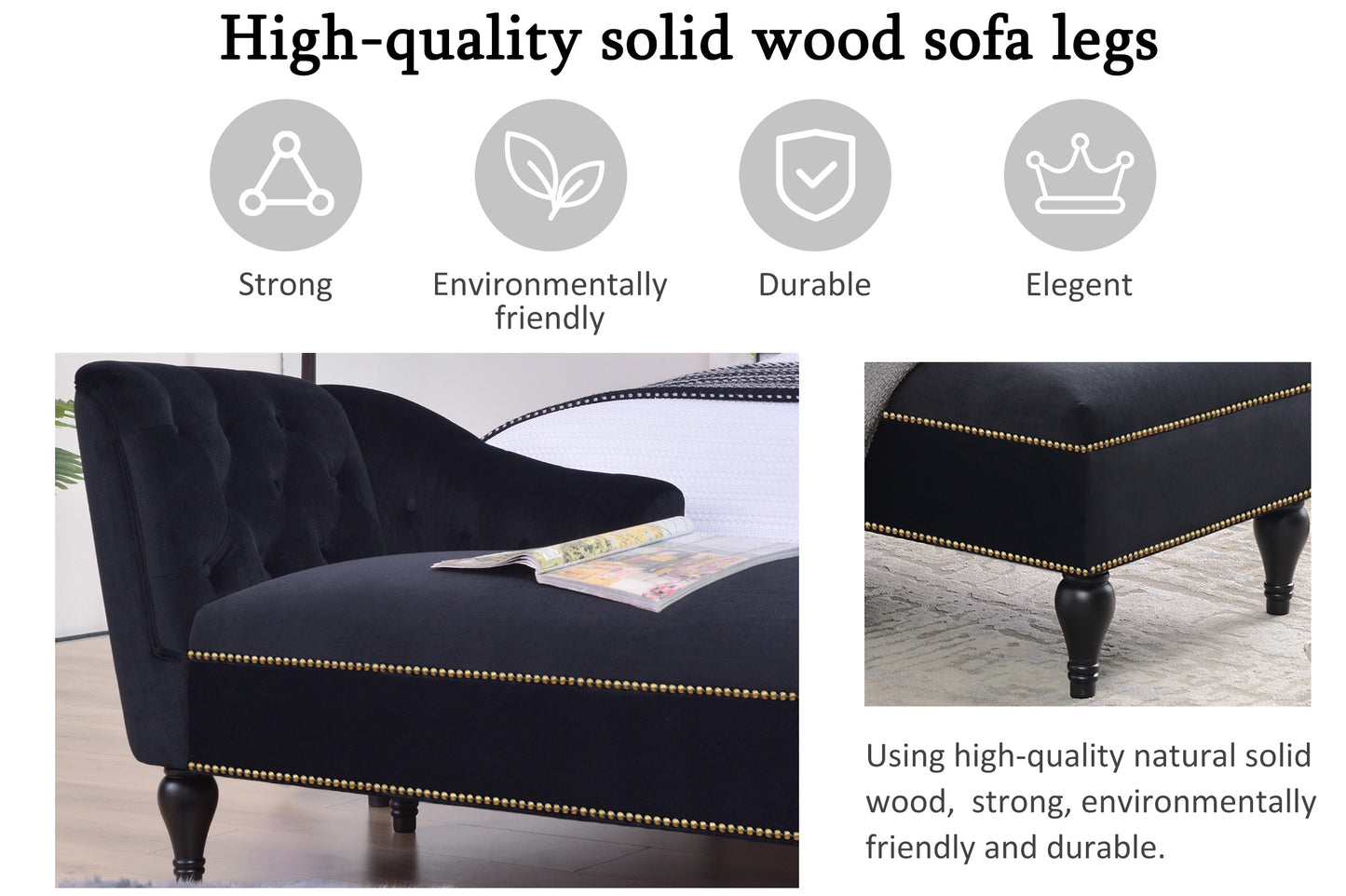 58 inch velvet lounge chair, button cluster right arm lounge chair with nail head decoration and solid wood legs