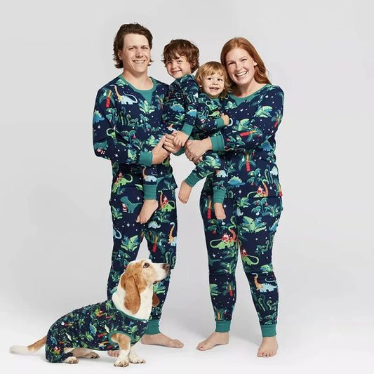 2024 New Family Christmas Pajamas Set Mom Dad Kids Baby Dog Matching Outfits Dinosaur Print Soft Warm Sleepwear Xams Family Look