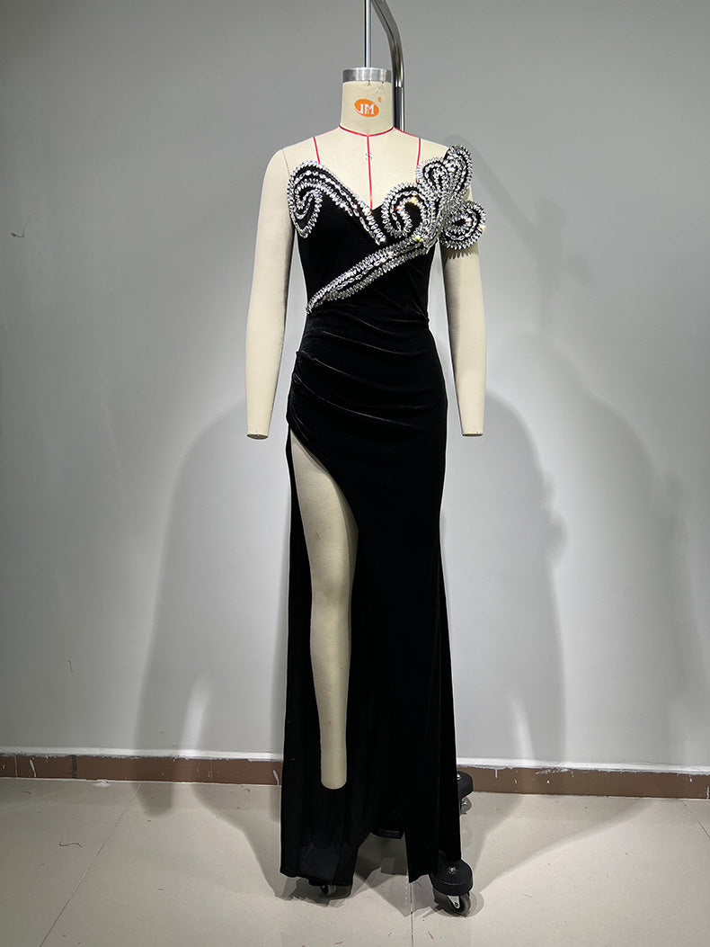 High-end Rhinestone High Slit Dress