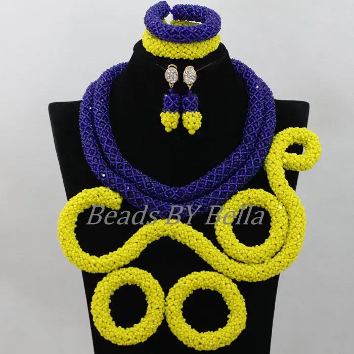 Royal Blue/Yellow Crystal Handmade Braid African Wedding Beads Bridal Jewelry Sets Nigerian Jewellery Set Free Shipping ABF986
