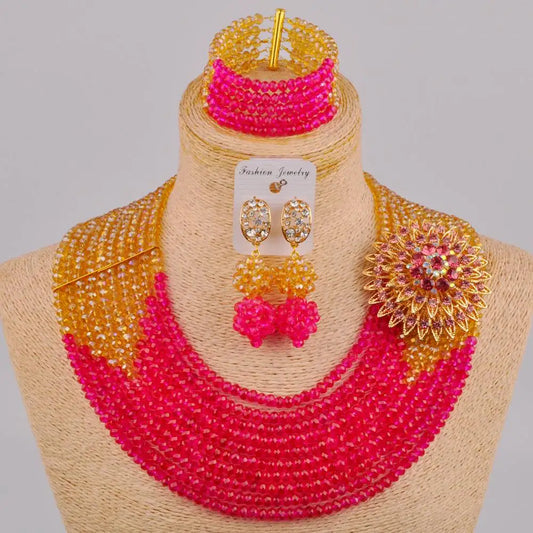 Stylish Opaque Yellow and Royal Blue Crystal Beaded African Jewelry Set Nigerian Necklace Costume Jewellery DSJ-08