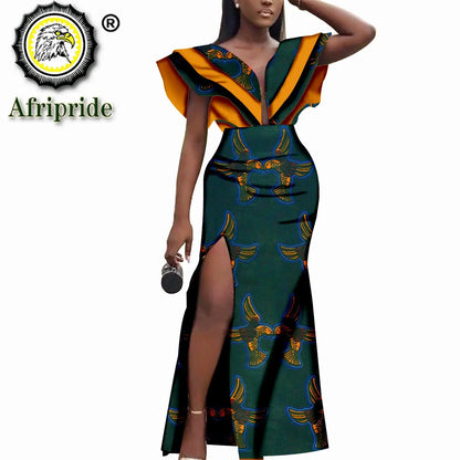 Women`s Dresses African Ankara Print Deep V Neck  Loose Empire Plus Size Dashiki Outfits Wax Batik Dress AFRIPRIDE S1925103