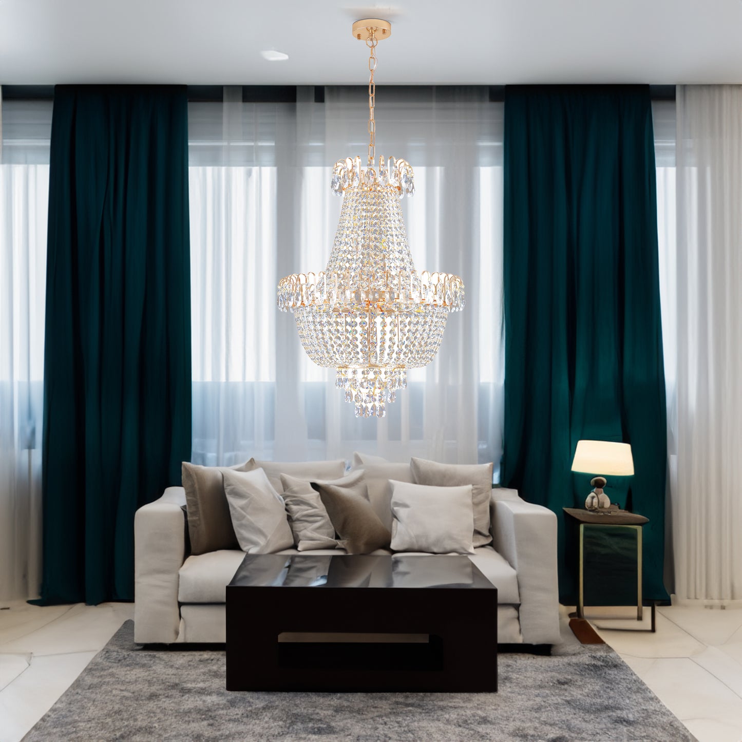 Golden crystal pendant light, large modern luxury ceiling lighting (without light bulbs)