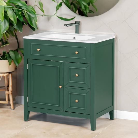 30" Bathroom Vanity with Sink Top, Bathroom Vanity Cabinet with Door and Two Drawers, Solid Wood Frame, One Package, Green