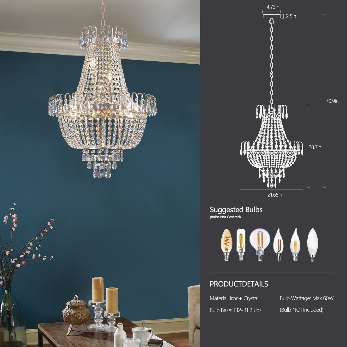 Golden crystal pendant light, large modern luxury ceiling lighting (without light bulbs)