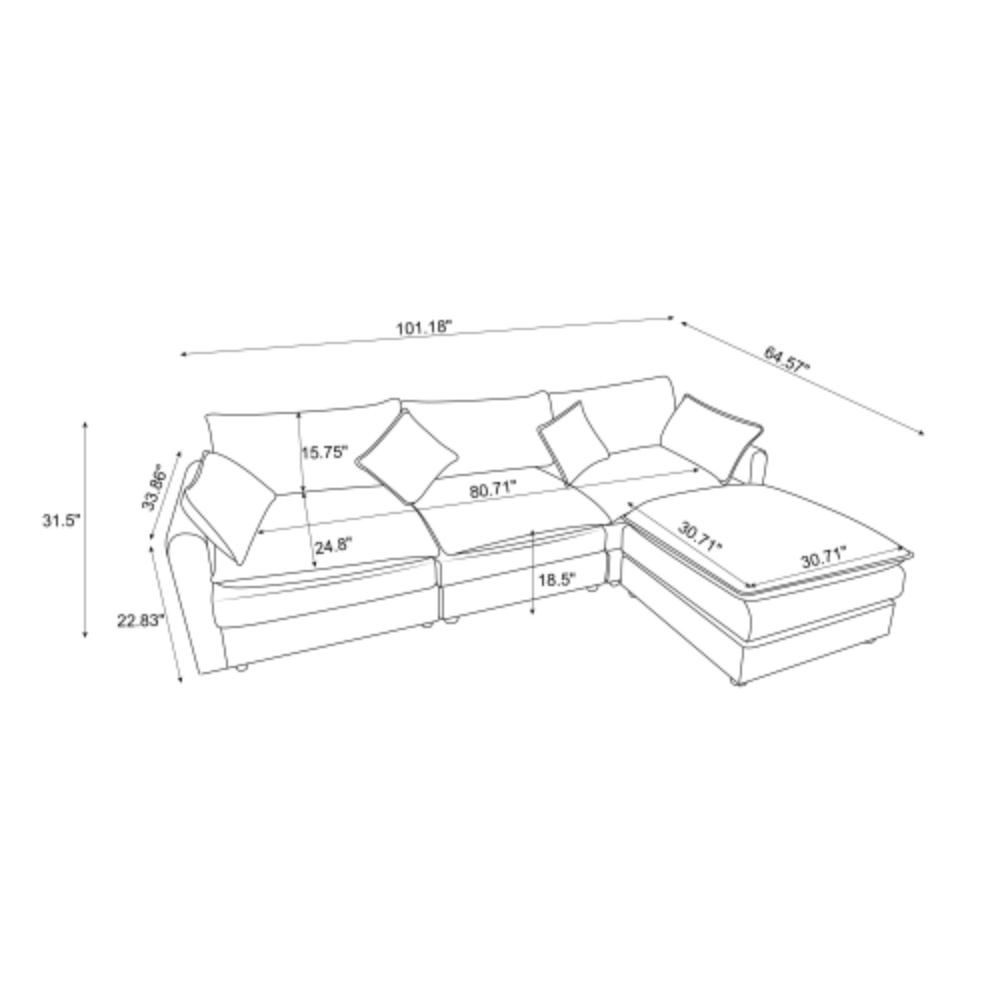 Modular Sectional Sofa, 3-Seater Sofa with Ottoman, Modern L-Shaped Sofa for Living Room Bedroom Apartment