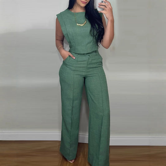 Summer Sleeveless Suit Fashion Round Neck Vest Top And Pocket Straight Pants Casual Trousers Set