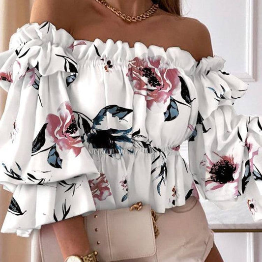 Casual Floral Print Off-shoulder Long Sleeve Blouse
