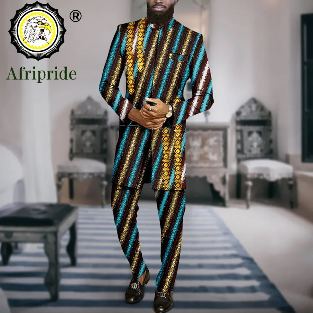 African Suits for Men Slim Fit Embroidery Print Blazer and Ankara Pants 2 Piece Set Formal Dress Suit Dashiki Outfits A2316069