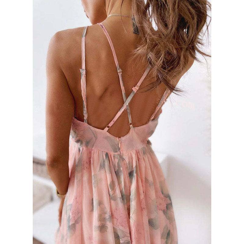 Women's Spaghetti Strap V-Neck Floral Sundress Flowy Fairy Style Summer Dress