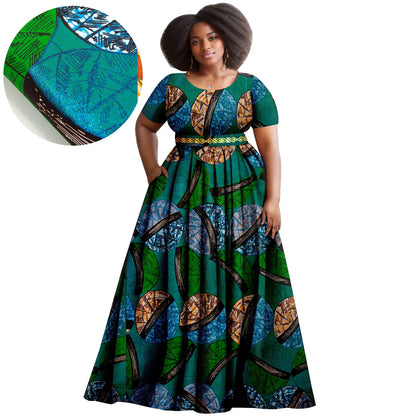 Afripride African Women's Dresses Ankara Batik Short Sleeve Gold Stamped Belt Accessory Dress 2425127