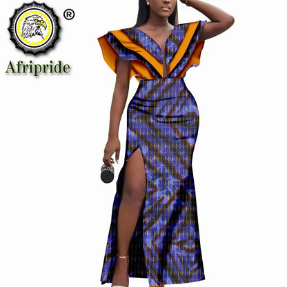 Women`s Dresses African Ankara Print Deep V Neck  Loose Empire Plus Size Dashiki Outfits Wax Batik Dress AFRIPRIDE S1925103