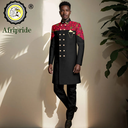 African Suits for Men Double Breasted Embroidery Print Blazer and Pants Set Formal Outfits with Brooch Wedding Wear 2416073