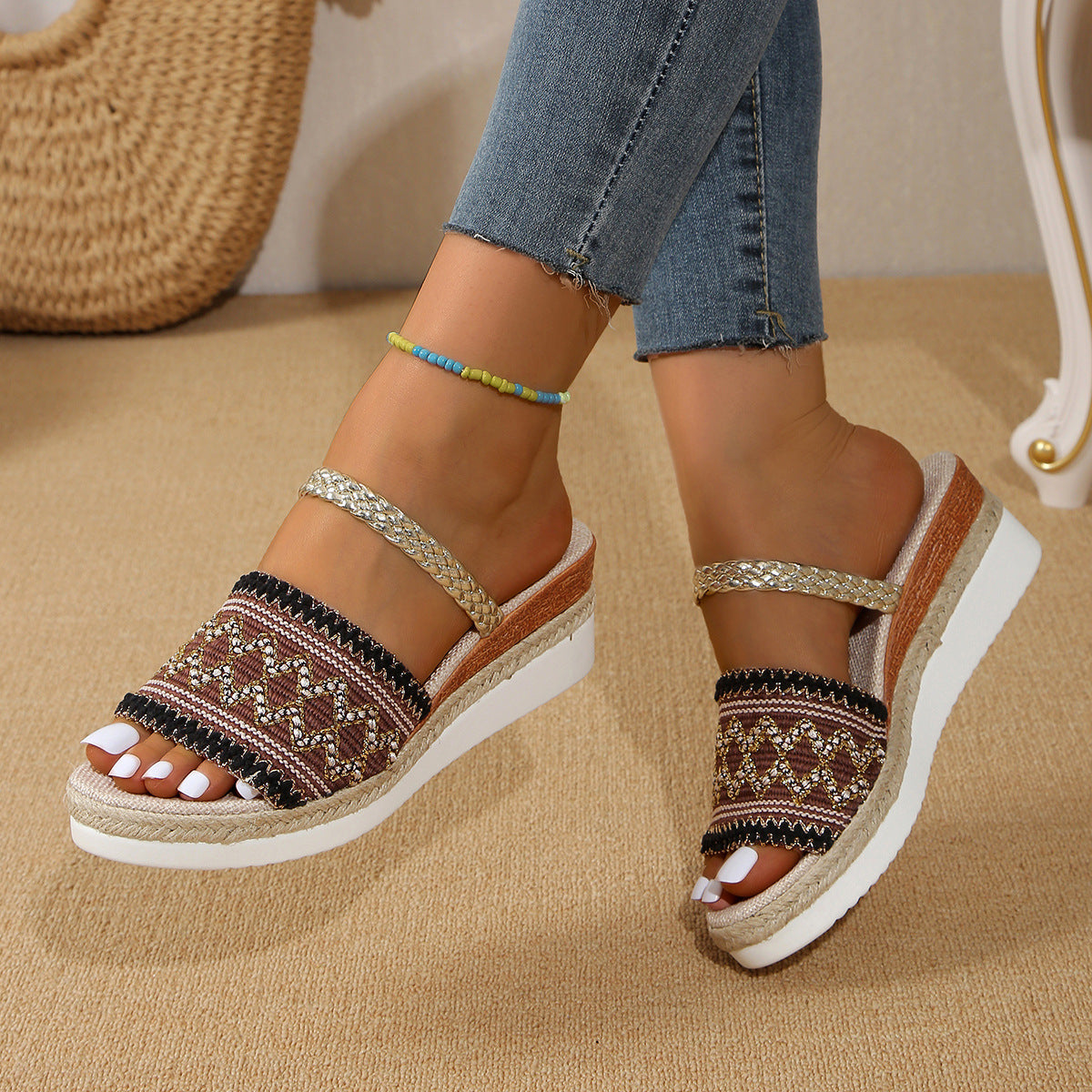 Color-blocked Wave-patterned Sandals Summer Fashion Wedges Slippers