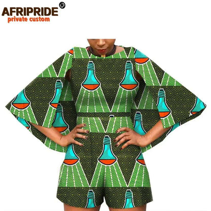 2024 African Fashion Playsuits for Women AFRIPRIDE Tailor Made Bazin Richi Cloak Sleeve Women Casual Cotton Playsuits A1929001