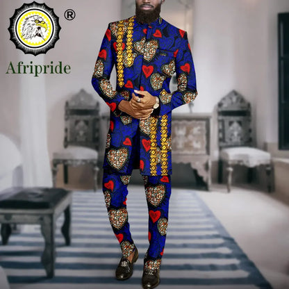 African Suits for Men Slim Fit Embroidery Print Blazer and Ankara Pants 2 Piece Set Formal Dress Suit Dashiki Outfits A2316069